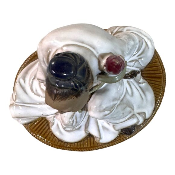 Shiwan Chinese Mudman Lotus Flower White Robe Porcelain Figurine Zhou Dunyi Poet - Picture 7 of 8